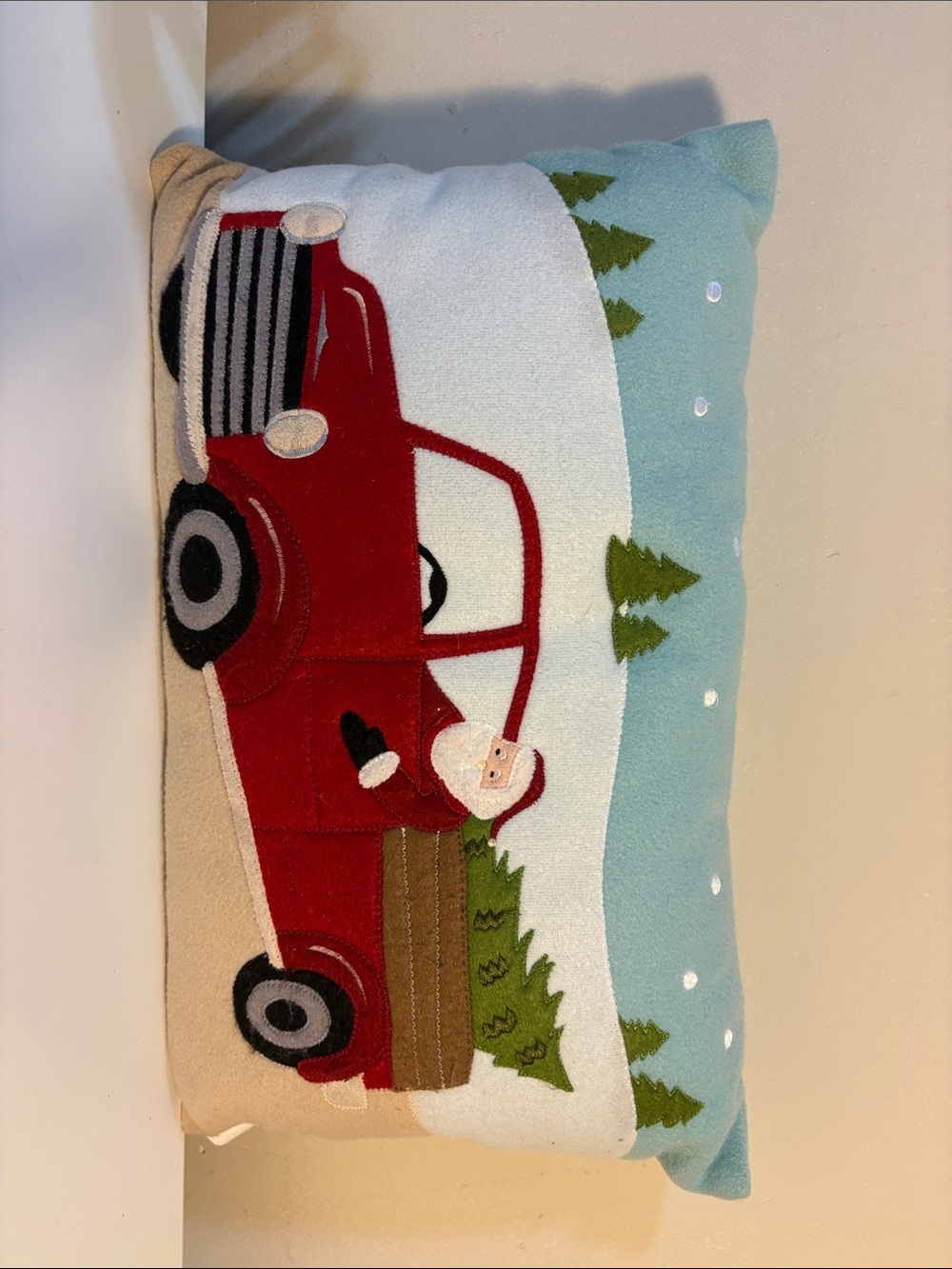 St. Nicholas Square Red and Green Santa Truck Holiday Pillow